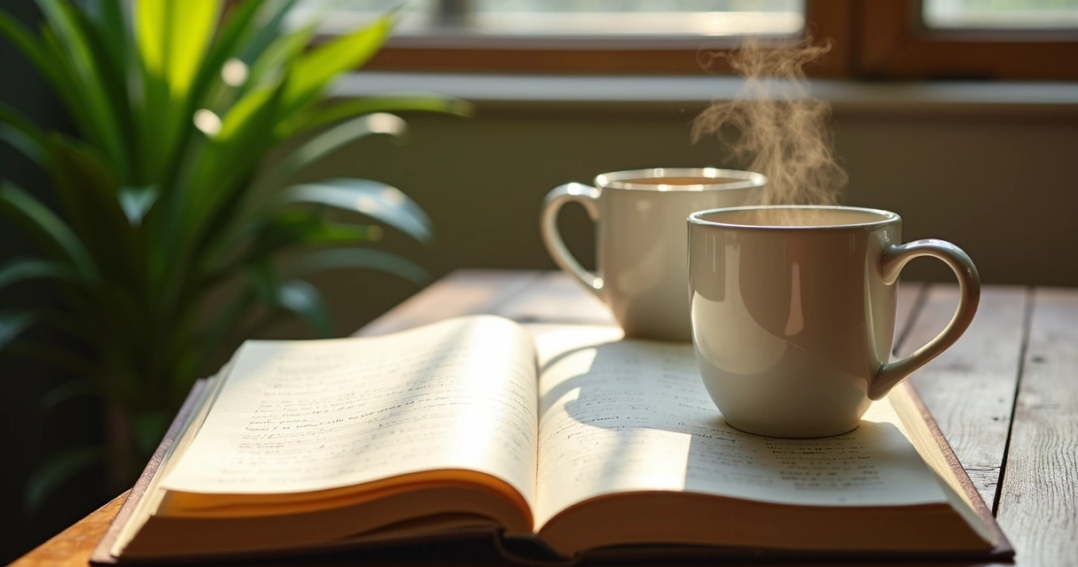 Diario terapéutico abierto junto a una taza y plantas