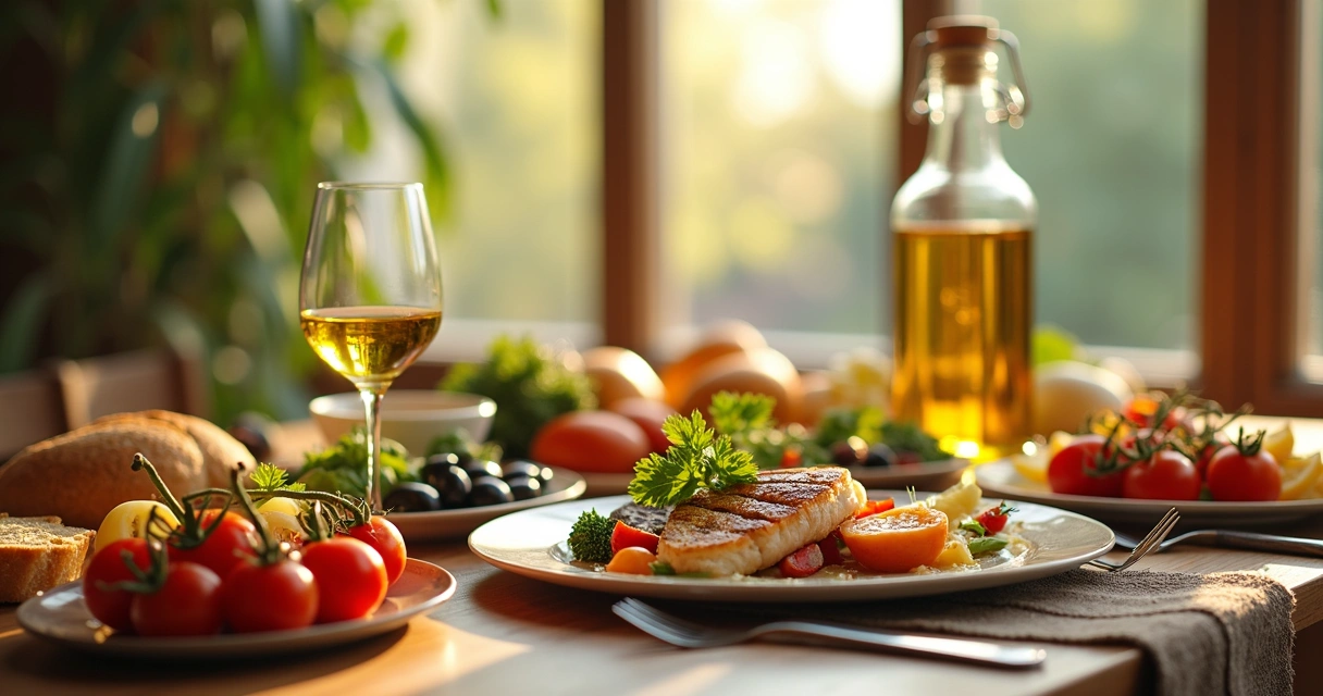 Mesa posta com pratos coloridos da dieta mediterrânea 