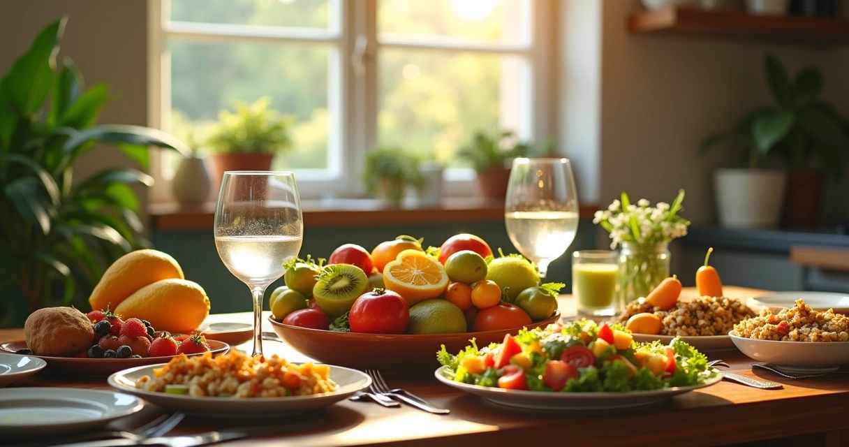 Mesa de cozinha com frutas frescas, salada e jarra de água, representando dietas especiais e saudáveis.