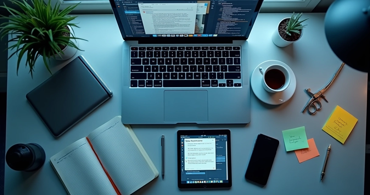 Mesa com notebook, celular e várias notificações visíveis
