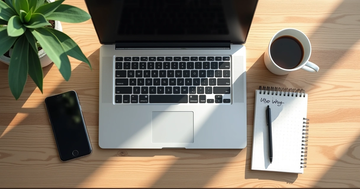 Mesa com notebook, celular virado para baixo e caderno com lista curta 