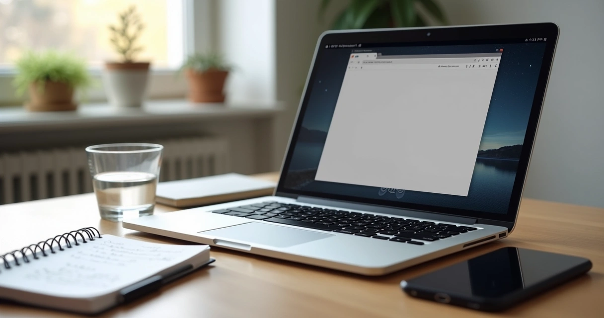 Mesa com notebook, caderno e celular fora de alcance