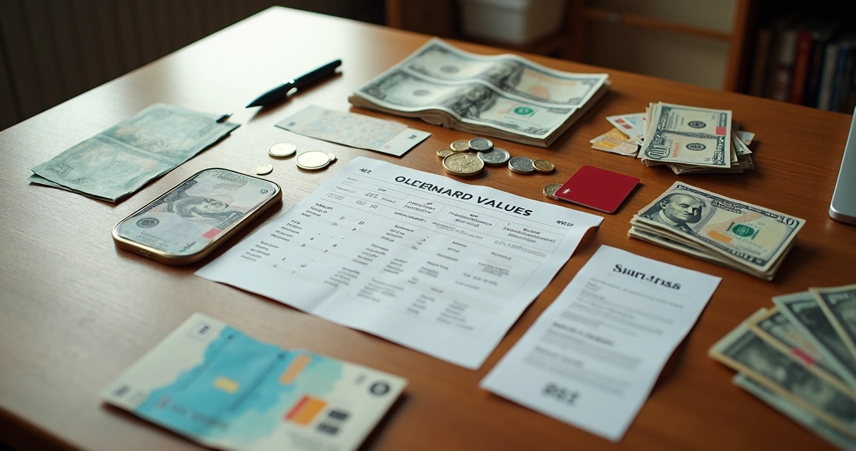 Mesa com papéis, dinheiro e cartões organizados em grupos representando valores pessoais diferentes 