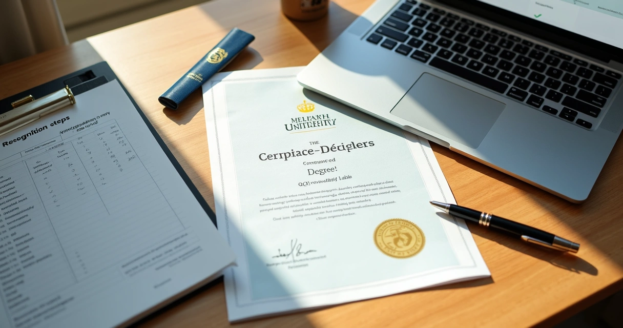 Mesa com diploma, tradução e NFQ no laptop 