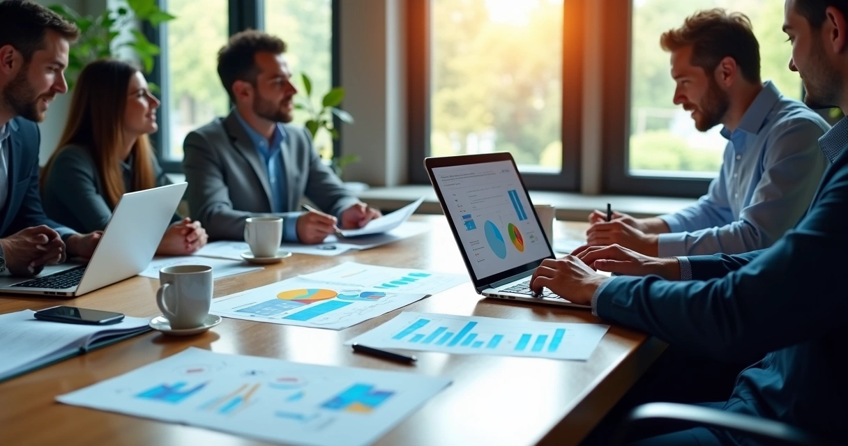 Executivos analisando relatórios financeiros com notebook na mesa 