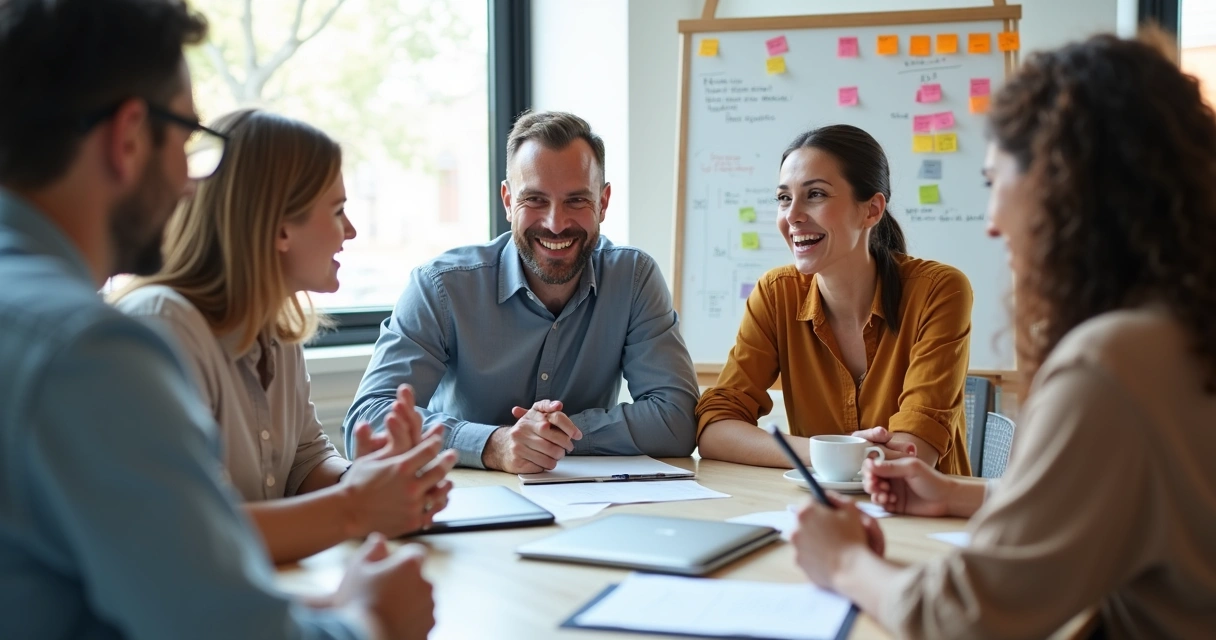 Grupo de pessoas diversas discutindo ideias em uma mesa de reunião