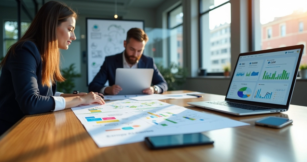 Mesa de reunião dividida entre consultor e software de gestão na tela de notebook 