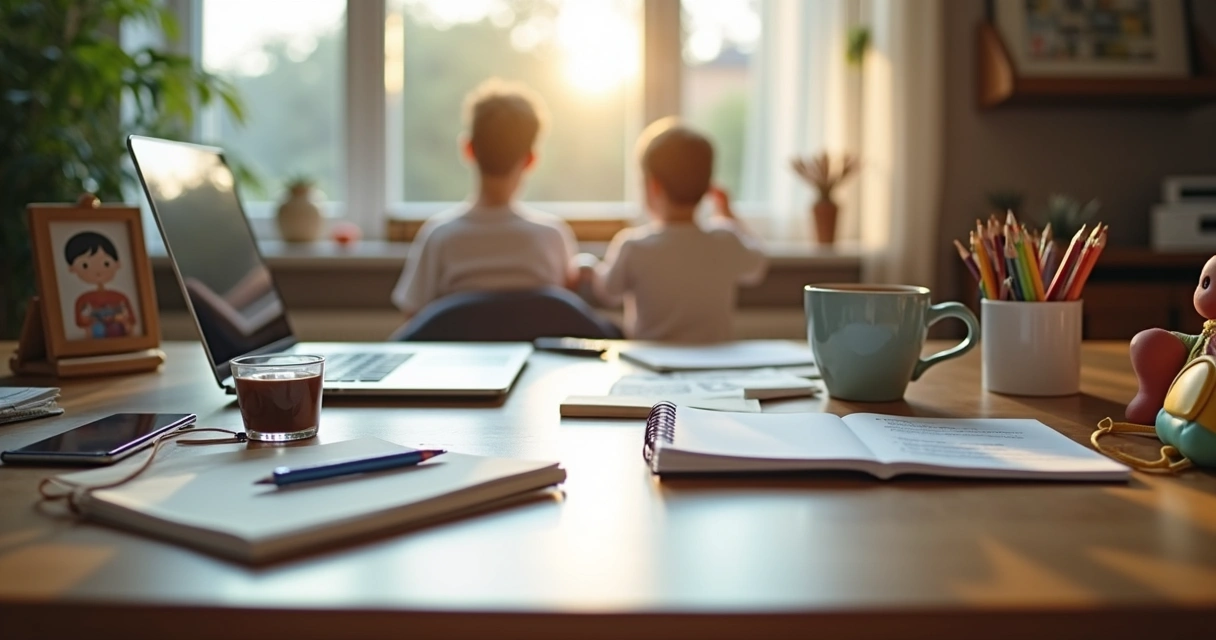 Mesa com notebook, agenda e brinquedos infantis lado a lado