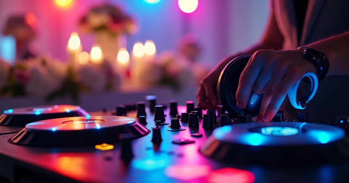Mesa de DJ com equipamentos modernos pronta para festa de casamento 