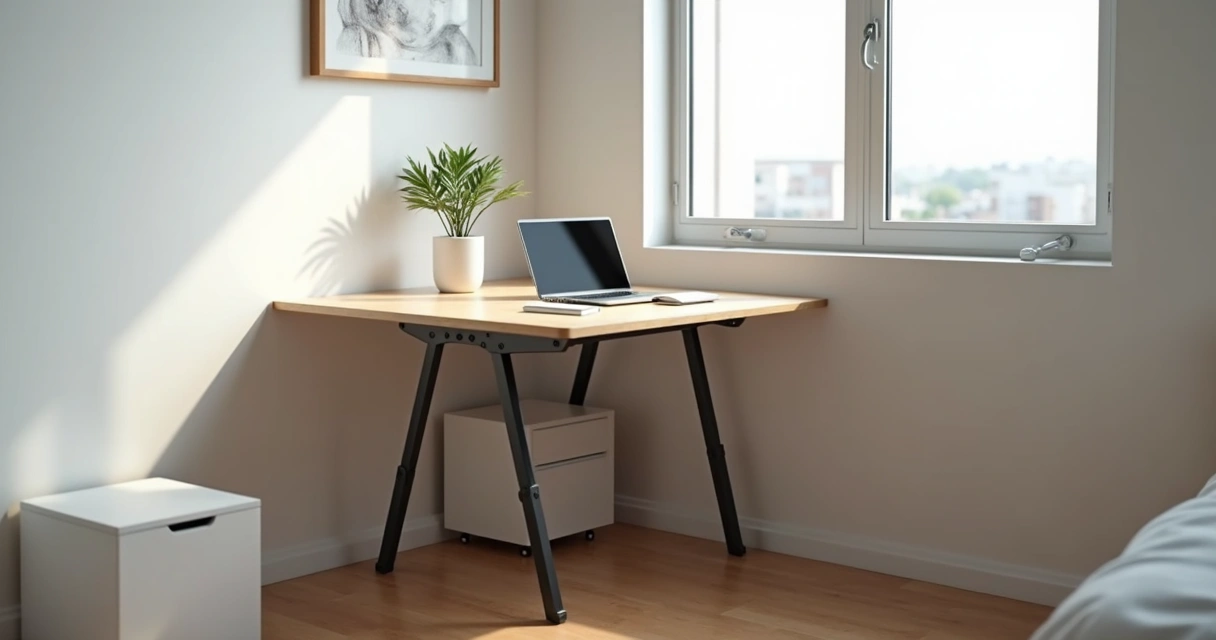 Mesa dobrável com objetos de escritório e parede branca 