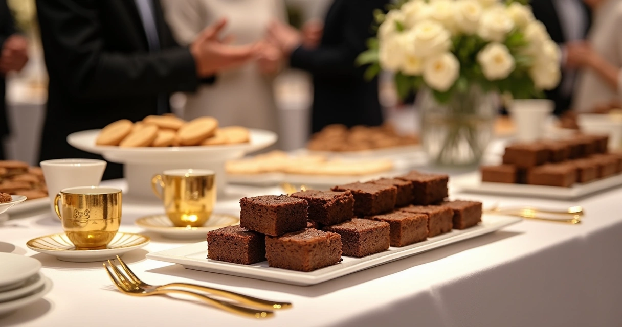 Mesa elegante com brownies e cookies artesanais em embalagens corporativas 