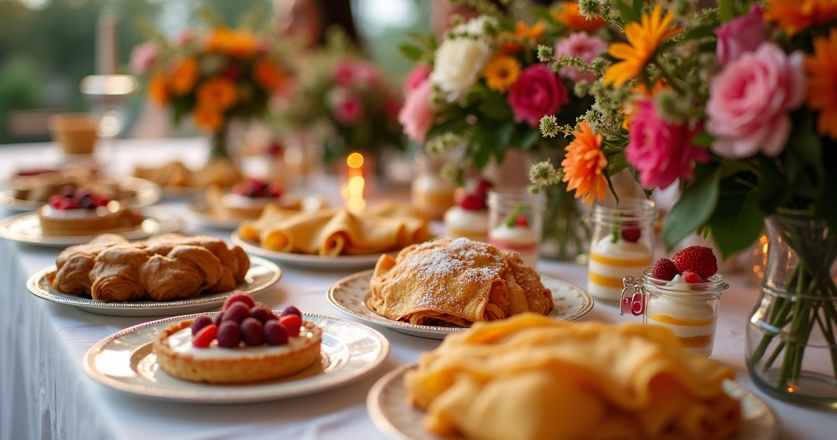 Mesa de festa decorada com crepes e variedade de doces coloridos 
