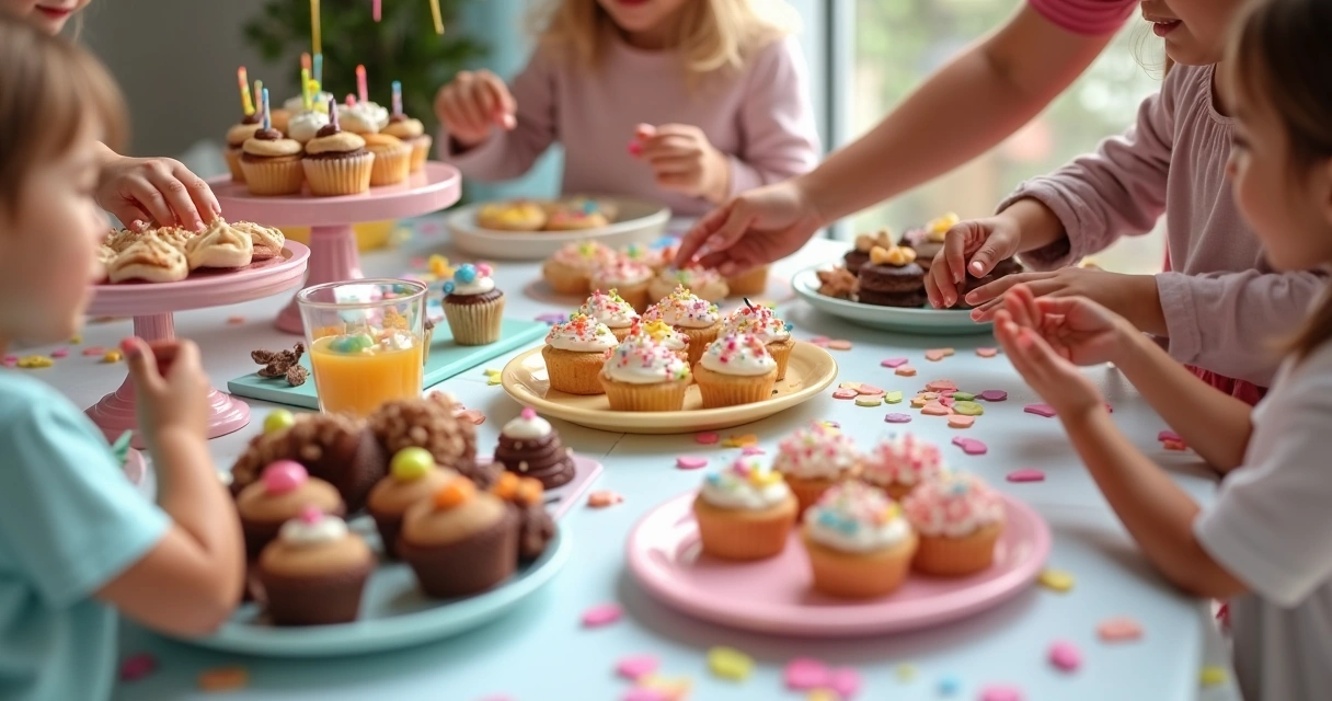 Mesa de festa infantil com docinhos e crianças ao redor 