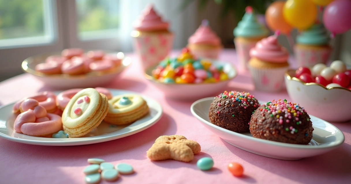 Mesa de doces com guloseimas coloridas em festa infantil. 