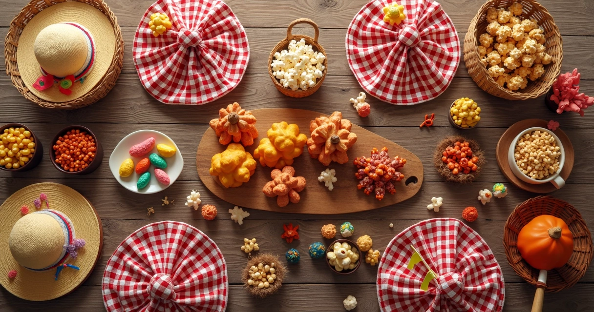 Mesa decorada com doces típicos, chapéus e toalha xadrez em festa junina 