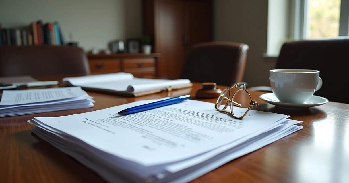 Mesa de escritório com documentos do INSS, folhas, caneta, óculos e carimbo. 