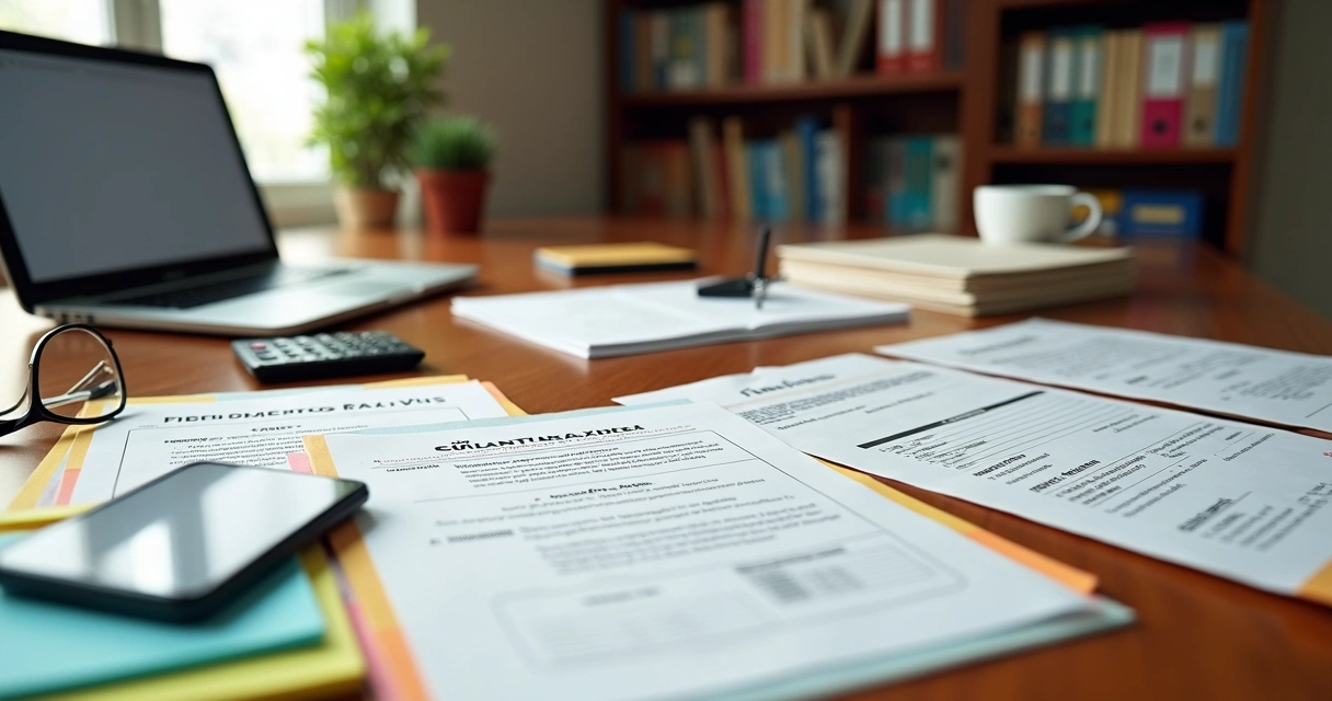 Mesa de escritório com documentos de inventário organizados em pilhas 