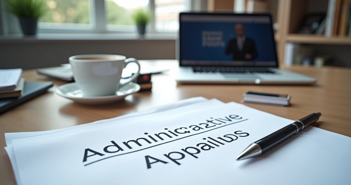 Mesa de escritório com papéis, carimbo e laptop, processo de recurso administrativo 