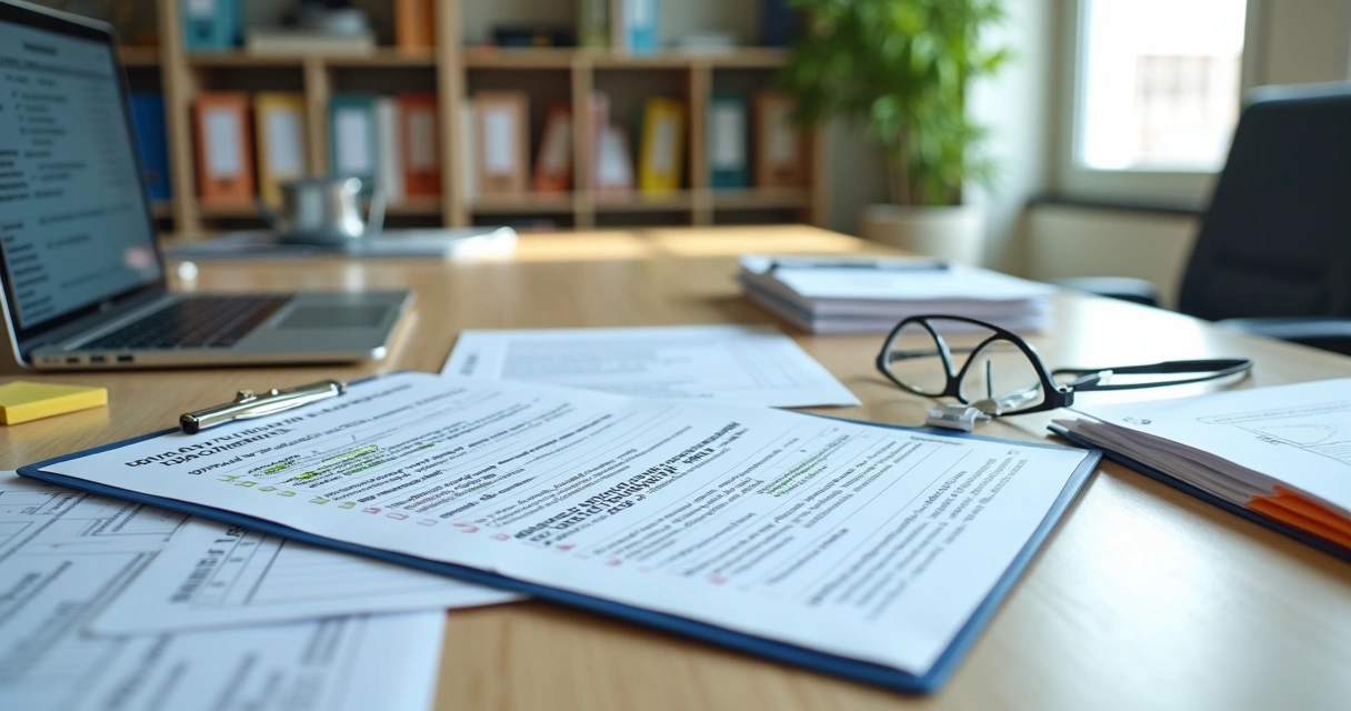 Mesa de escritório com documentos trabalhistas organizados em checklist 