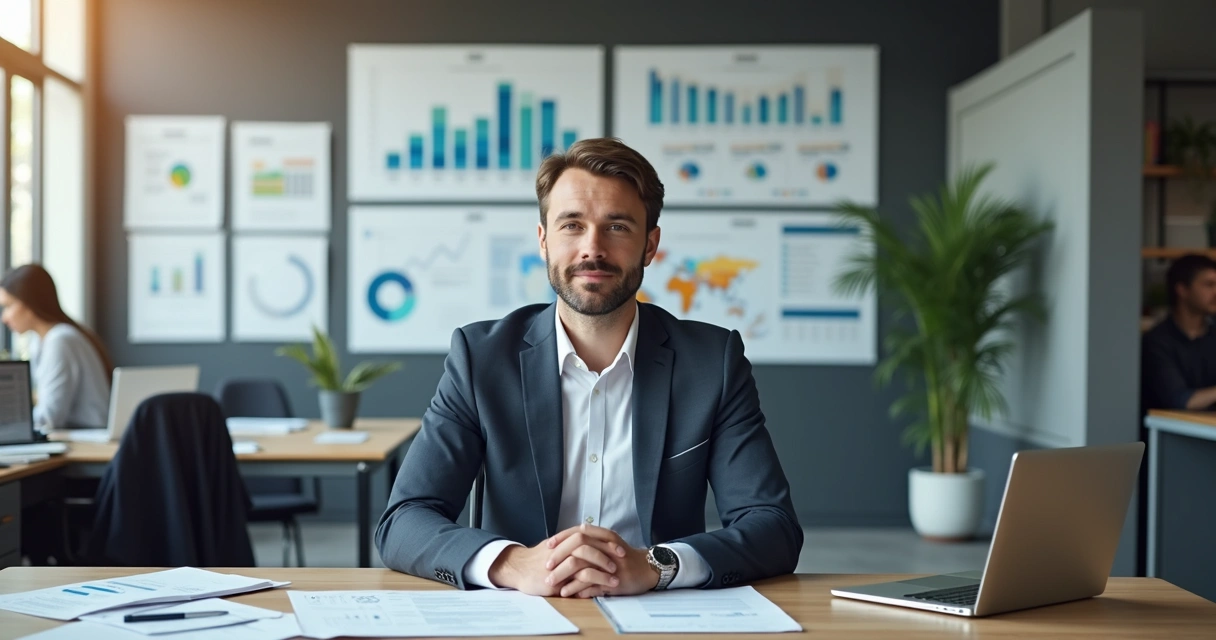 Ambiente de escritório com gestor analisando gráficos e papéis financeiros 