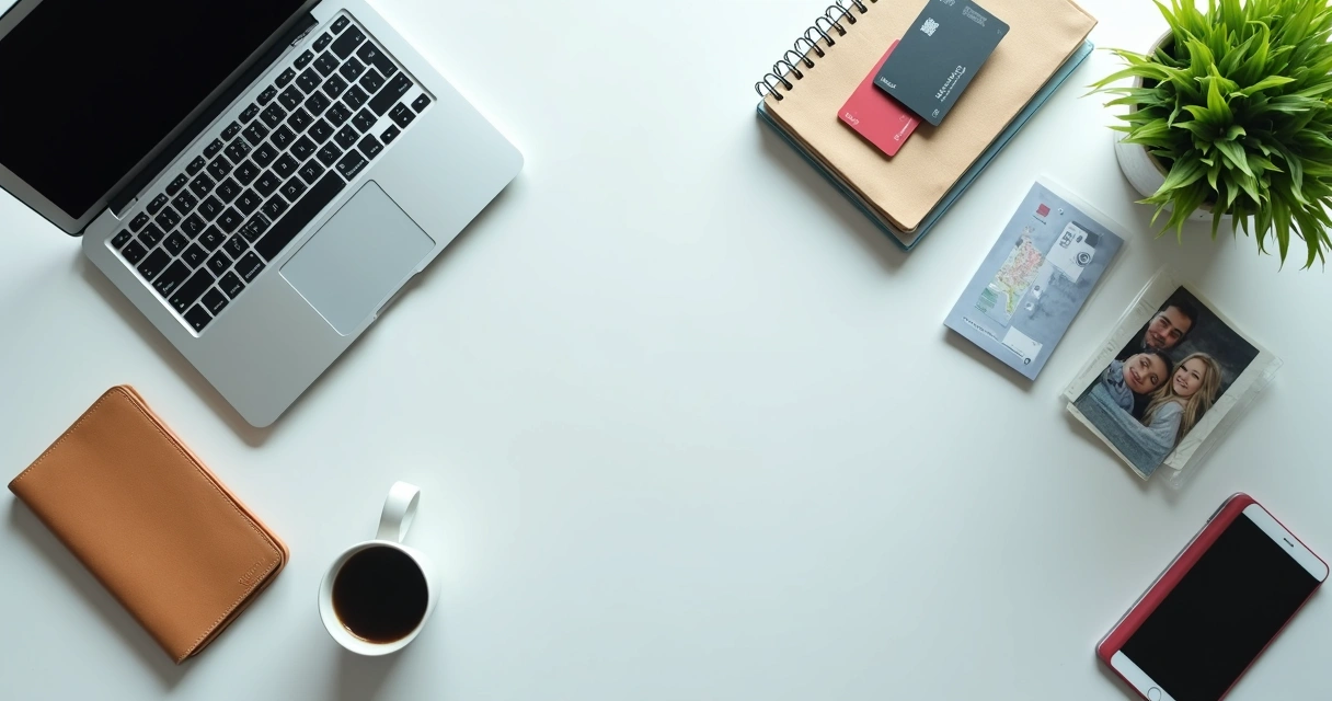 Mesa de empresário com computador, documentos e cartões separados 