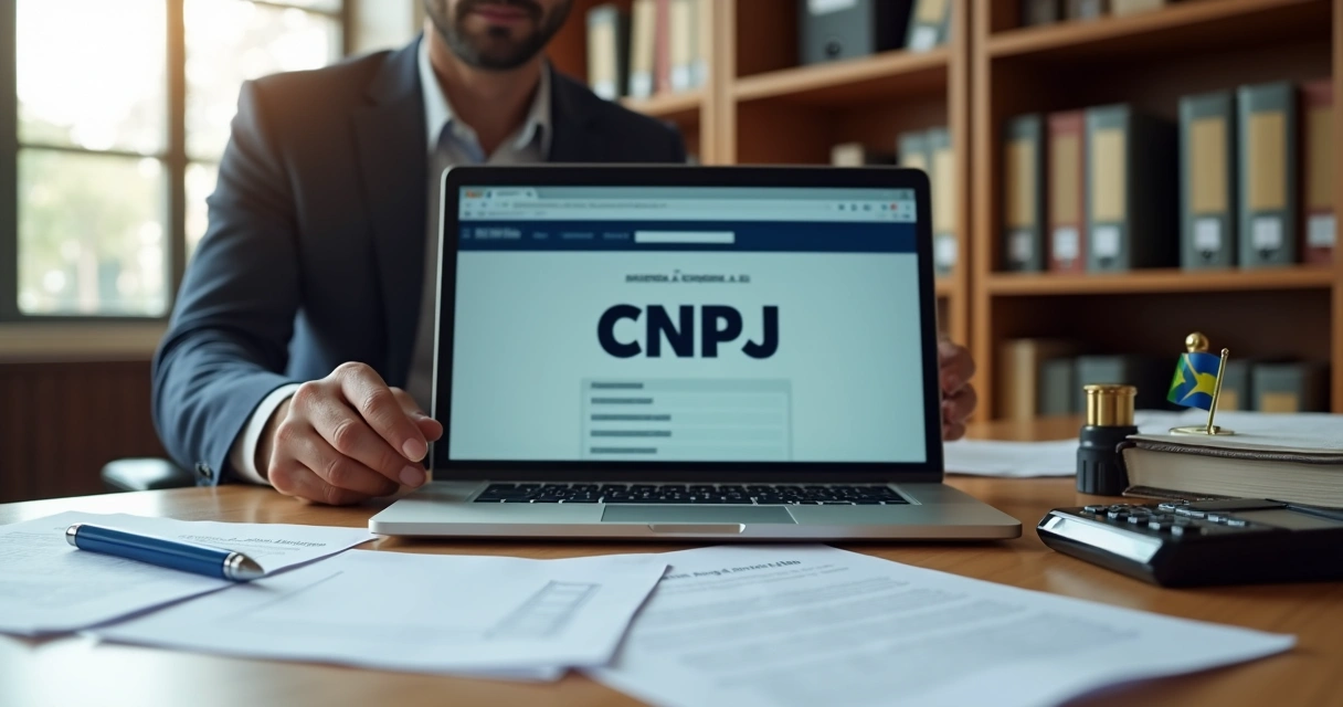 Empresário analisando documento de CNPJ em mesa de escritório moderna 