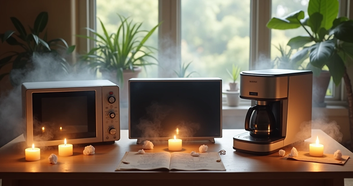 Mesa com eletrodomésticos, velas e cristais para ritual de proteção 