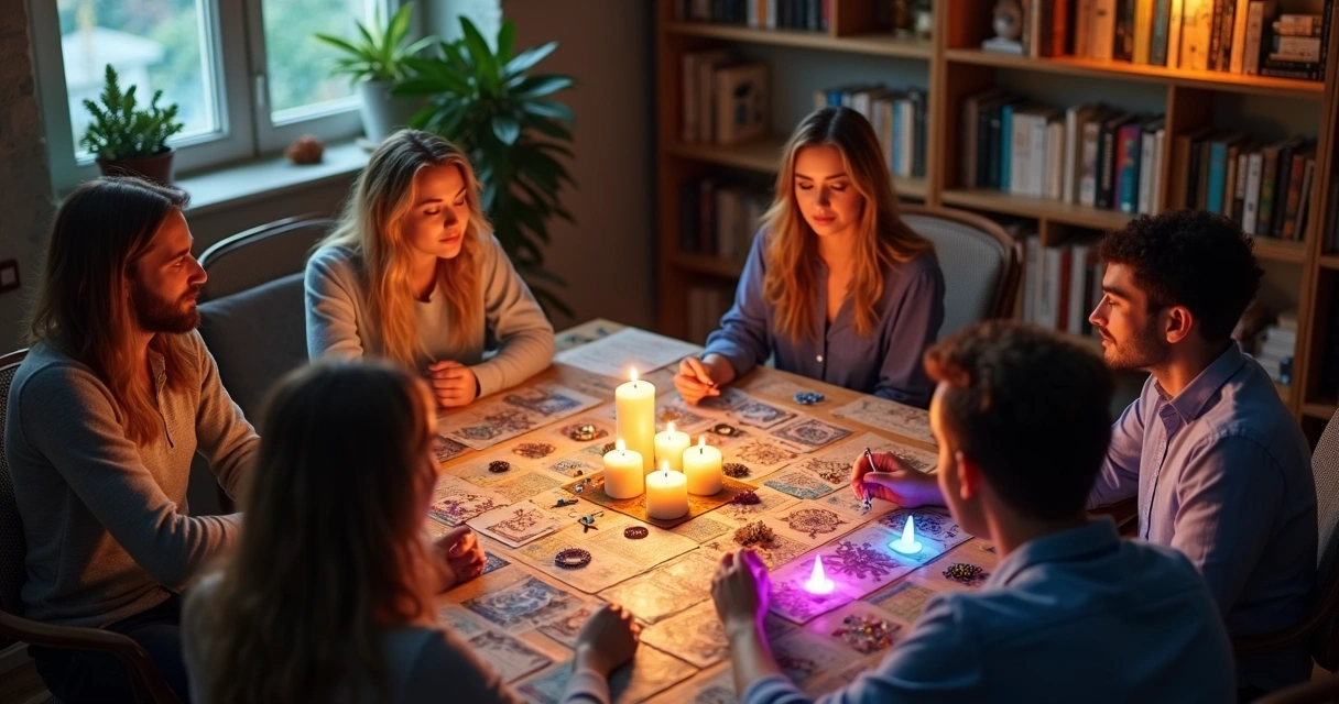 Pessoas ao redor de mesa com símbolos místicos e luzes coloridas 