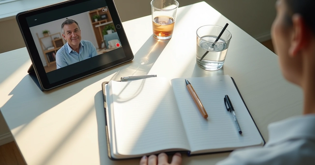 Mesa organizada para entrevista virtual, com notebook e luz natural 
