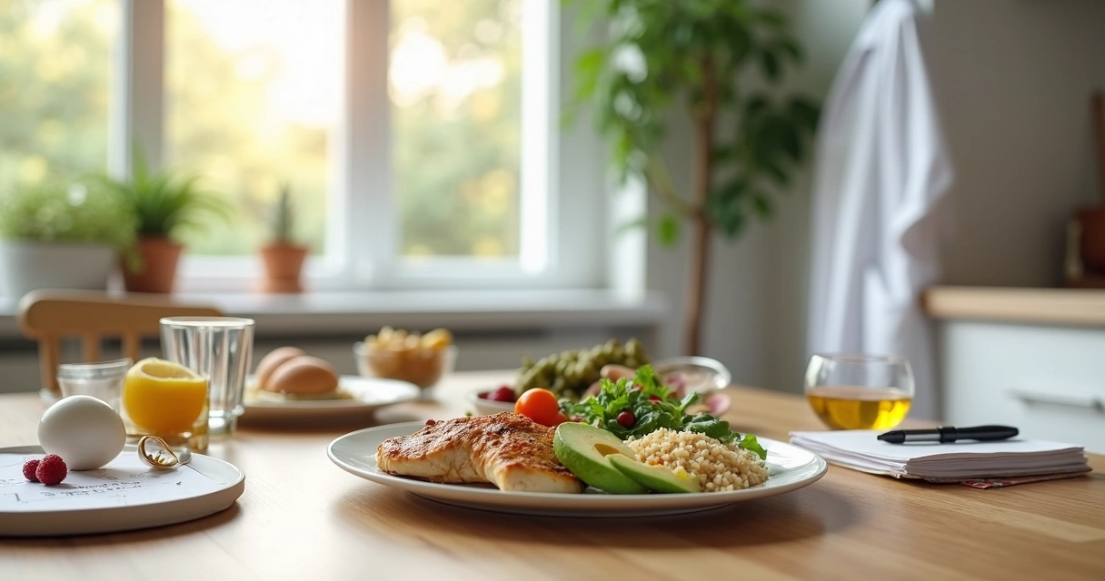 Mesa com alimentos variados mostrando equilíbrio para emagrecimento saudável 