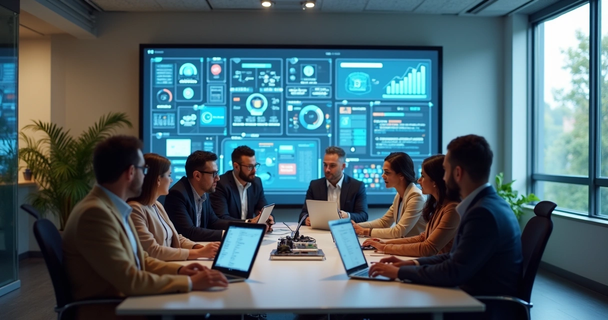 Equipe reunida em torno de mesa com computadores, gráficos na tela e anotações 