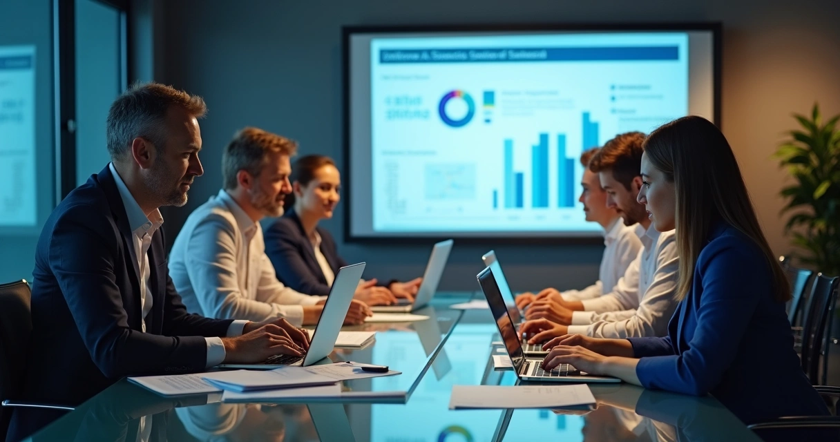 Equipe analisa contratos digitais em mesa com computadores e gráficos 