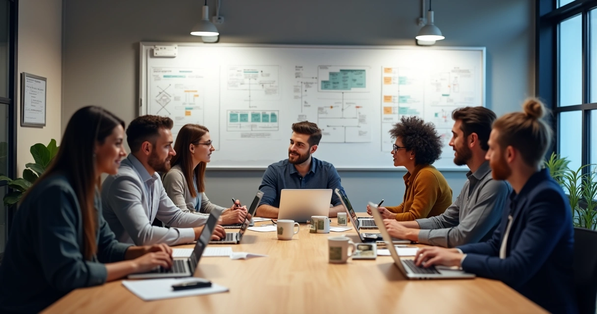 Mesa de trabalho de equipe de engenharia com notebooks e quadros organizados. 