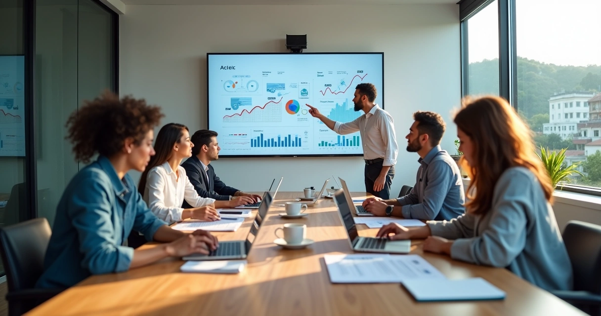 Equipe de marketing reunida em mesa de reunião moderna analisando gráficos digitais 