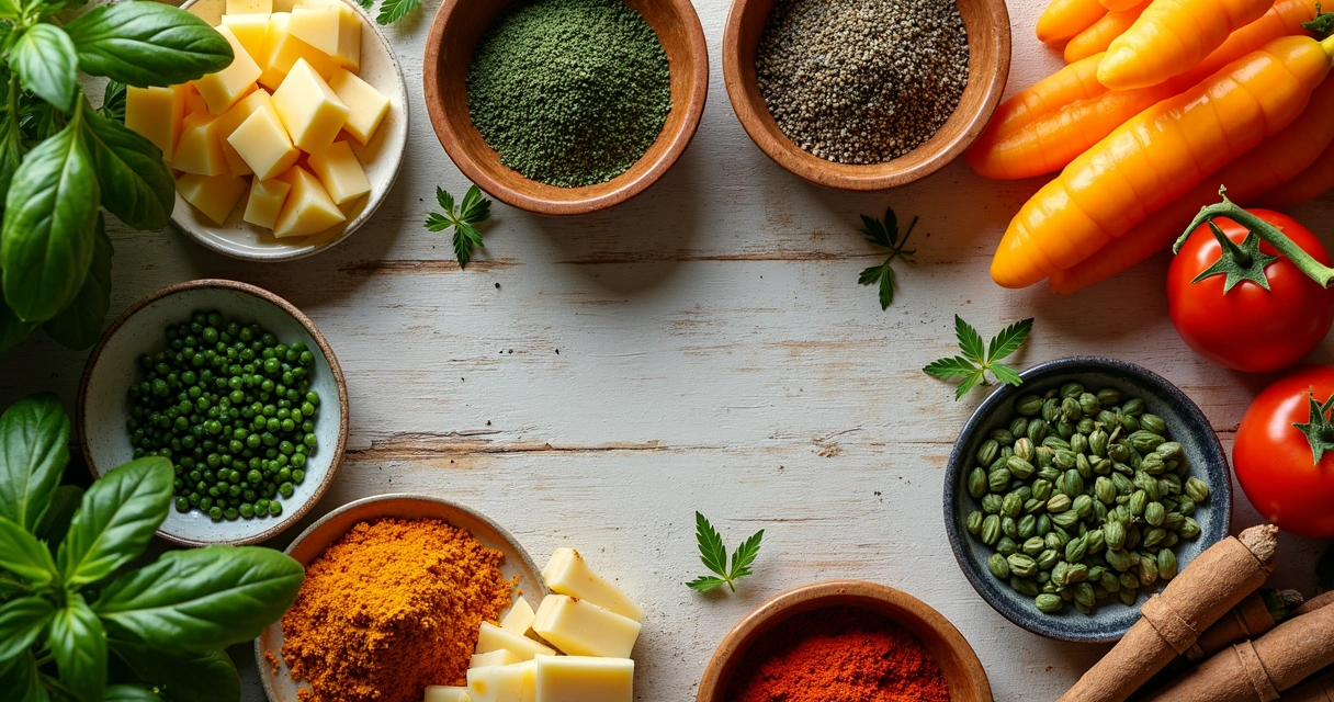 Mesa com ervas, especiarias, fatias de queijo, frutas frescas e legumes cortados 