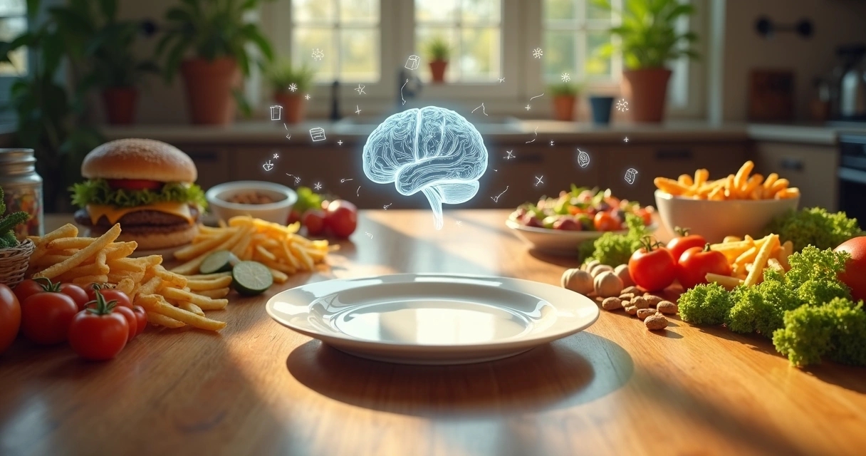 Mesa de alimentos diversos com cérebro translúcido sobreposto ao centro 