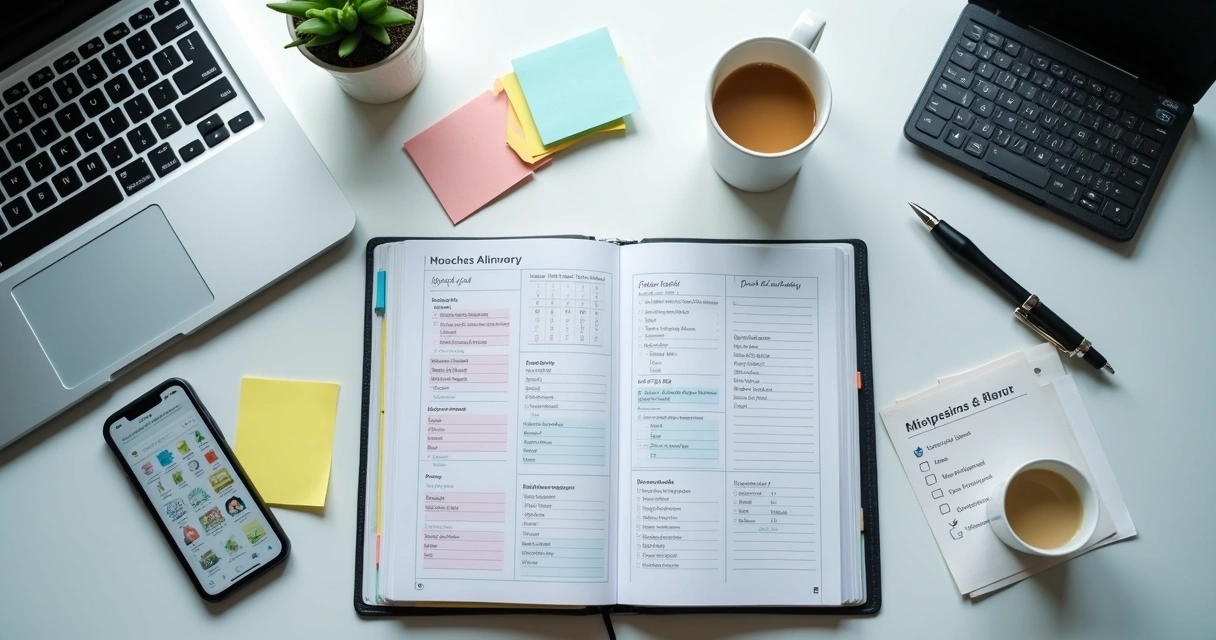 Mesa com celular, agenda e várias escolhas visuais espalhadas 