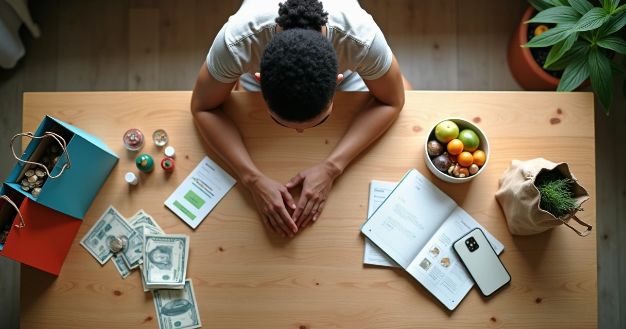 Pessoa analisa produtos sobre mesa dividida entre consumo impulsivo e escolhas éticas 