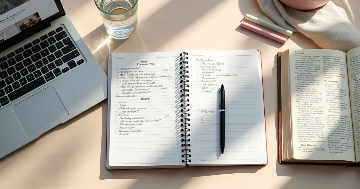 Caderno aberto com versículos bíblicos escritos à mão ao lado de Bíblia e caneta 