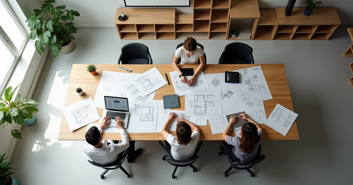 Mesa de escritório com projetos de arquitetura, computador e duas pessoas analisando documentos