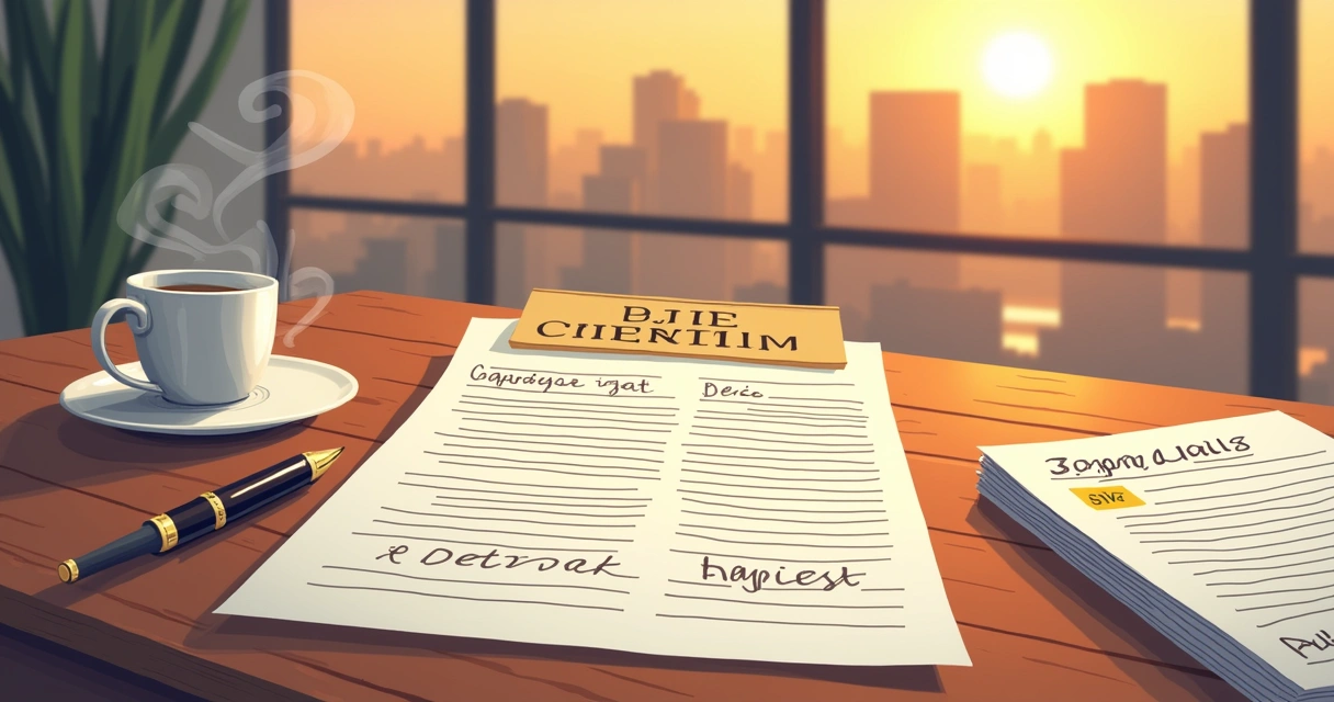 Mesa de escritório com contrato de distrato imobiliário, xícara de café e skyline ao pôr do sol.