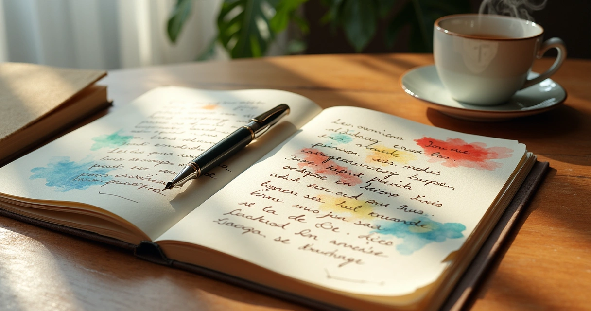 Cuaderno abierto con escritura reflexiva y manchas de acuarela de colores alrededor 