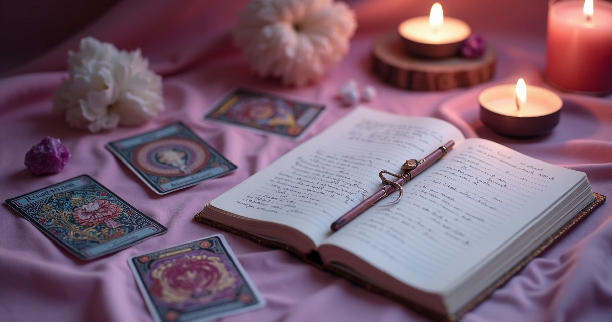 Mesa de taróloga feminina com cartas de baralho cigano, cristais e vela acesa 