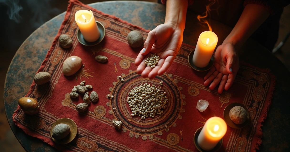 Mesa esotérica de consulta de búzios com velas e elementos místicos 