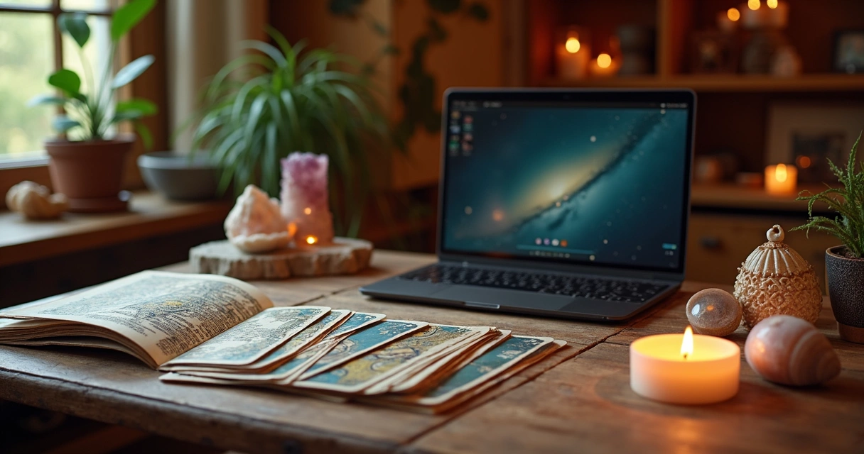 Mesa esotérica com cartas de tarot, búzios e cristais luminosos