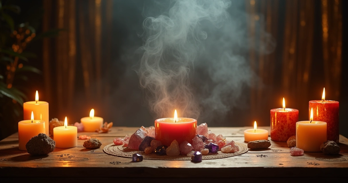 Mesa esotérica com velas aromáticas acesas e diversos cristais 