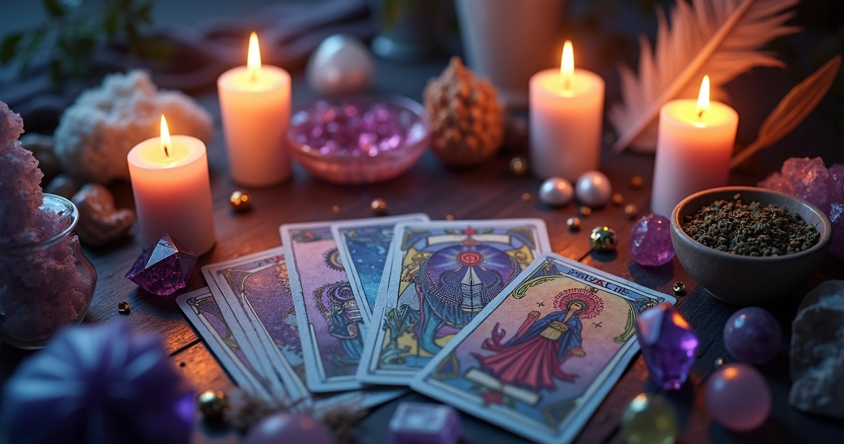 Mesa esotérica com velas, cristais e cartas de tarot 