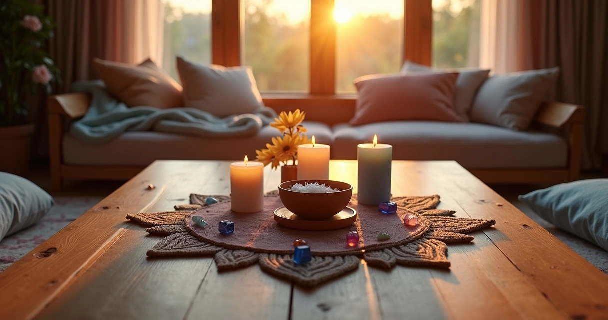 Mesa espiritual com velas, cristais e água ao centro em sala iluminada e familiar 
