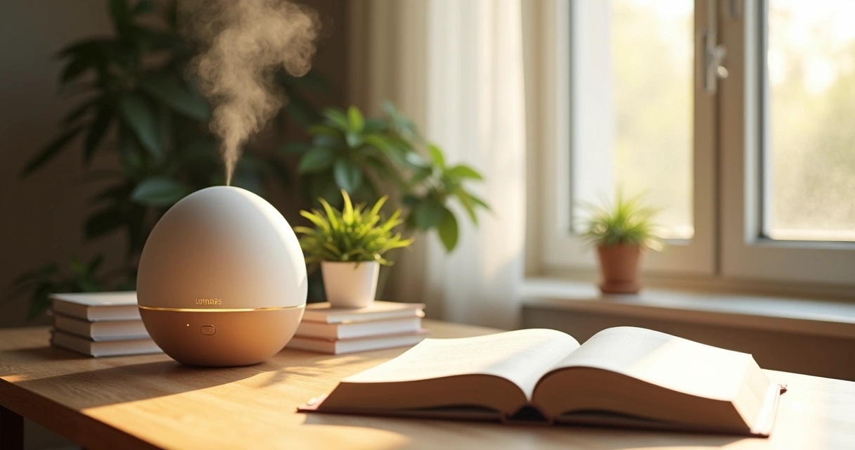 Mesa de estudo organizada com livros, plantas e difusor de aromas 