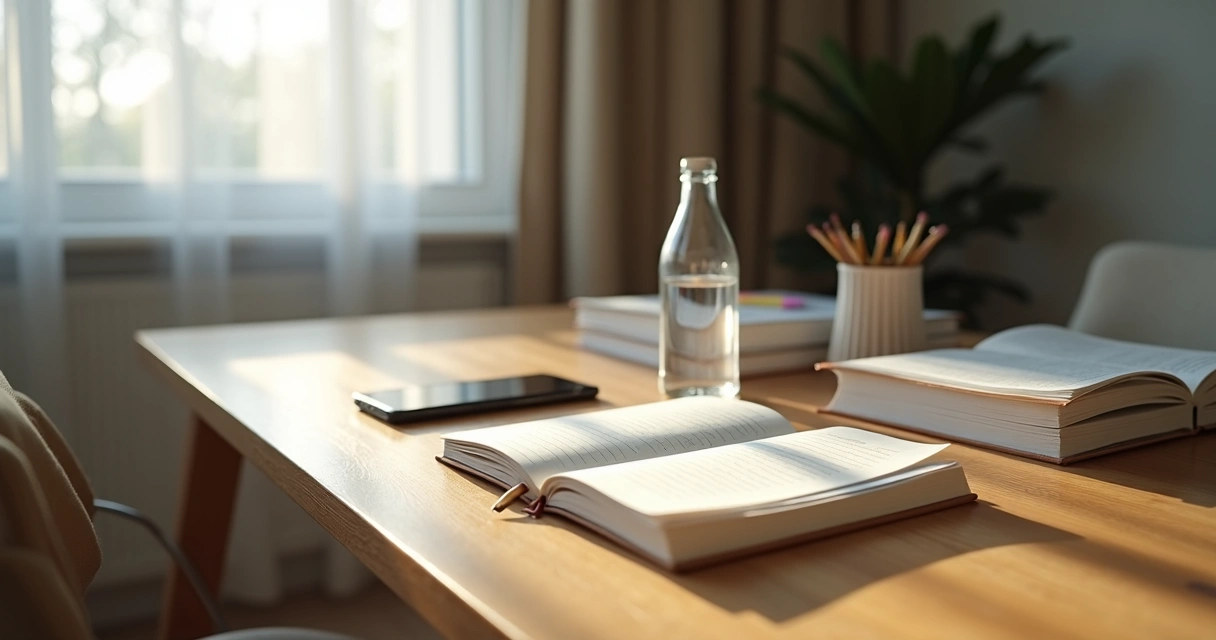 Mesa de estudos organizada com caderno, livro, água e luz suave